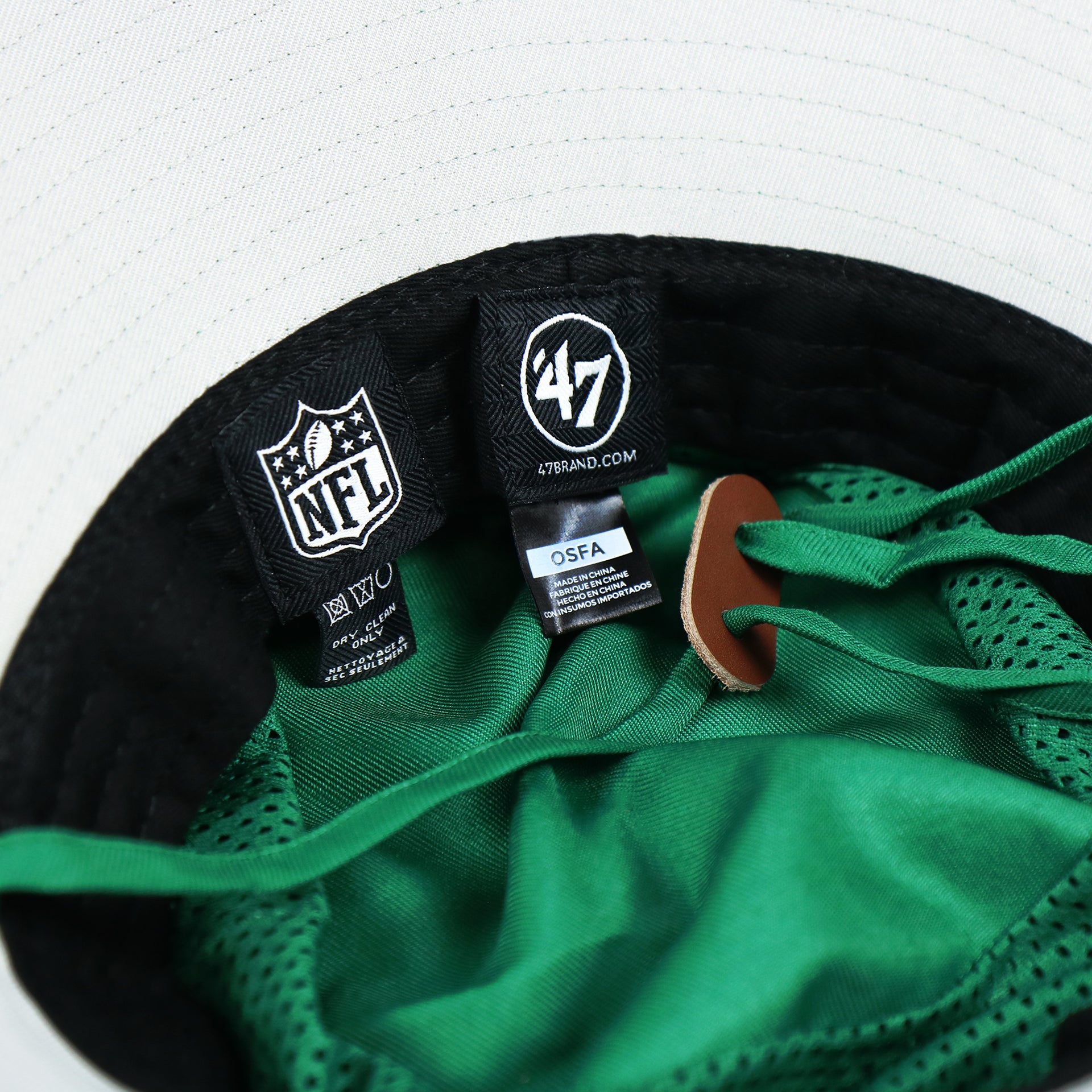 The inside of the Throwback Philadelphia Eagles 1987 White Eagles Logo Panama Pail Bucket Hat | Kelly Green Bucket Hat