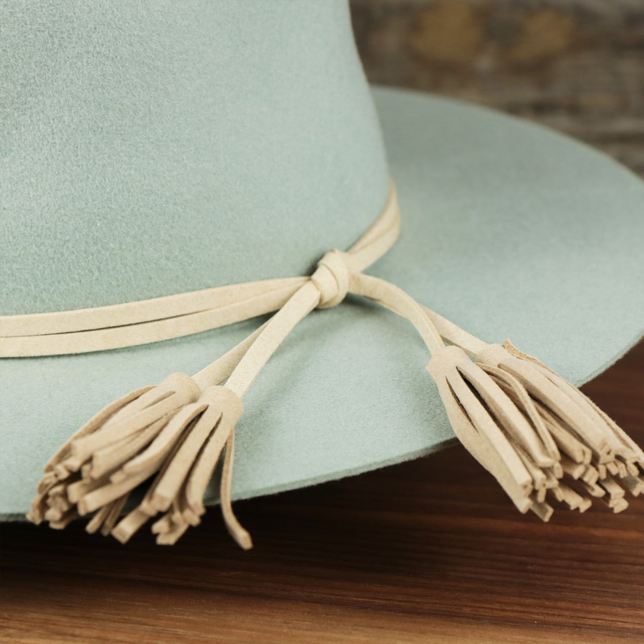 The ribbon on the Wide Brim Raw Edge Sage Green Fedora Hat with Brown Paisley Silk Interior | Zertrue 100% Australian Wool