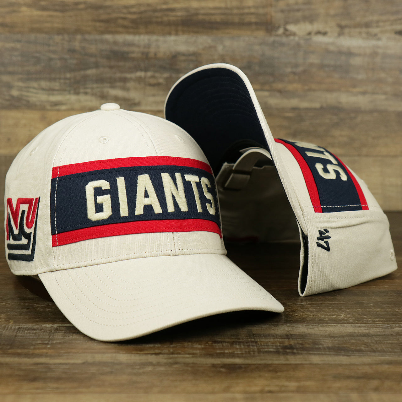 The Throwback New York Giants Striped Wordmark Legacy Giants Side Patch Crossroad Dad Hat | Bone Dad Hat