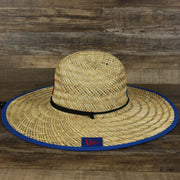 The wearer's left on the New York Giants On Field 2021/2022 Summer Training Straw Hat | New Era OSFM