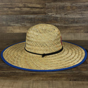 The wearer's left on the New York Giants On Field 2021/2022 Summer Training Straw Hat | New Era OSFM