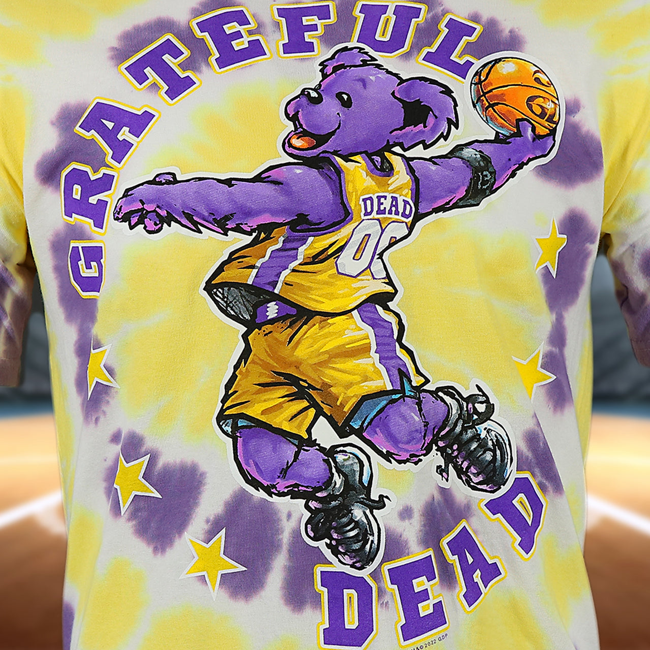 Los Angeles Basketball Grateful Dead Dunking Bear Purple Yellow Tie Dye T-Shirt | Liquid Blue
