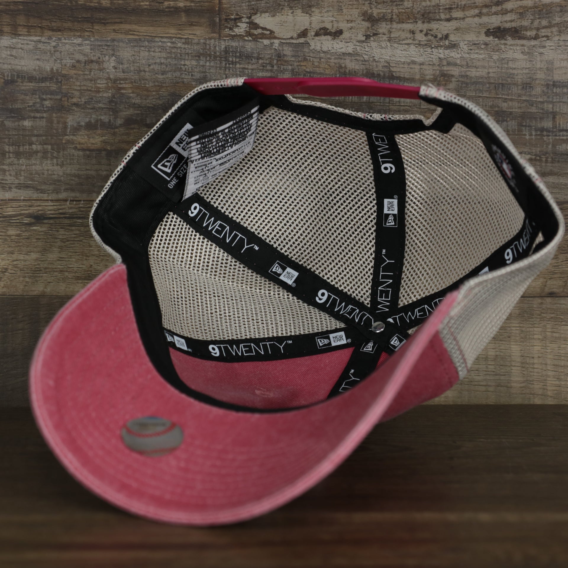 The underside of the Philadelphia Phillies New Era 9Twenty Washed Trucker hat