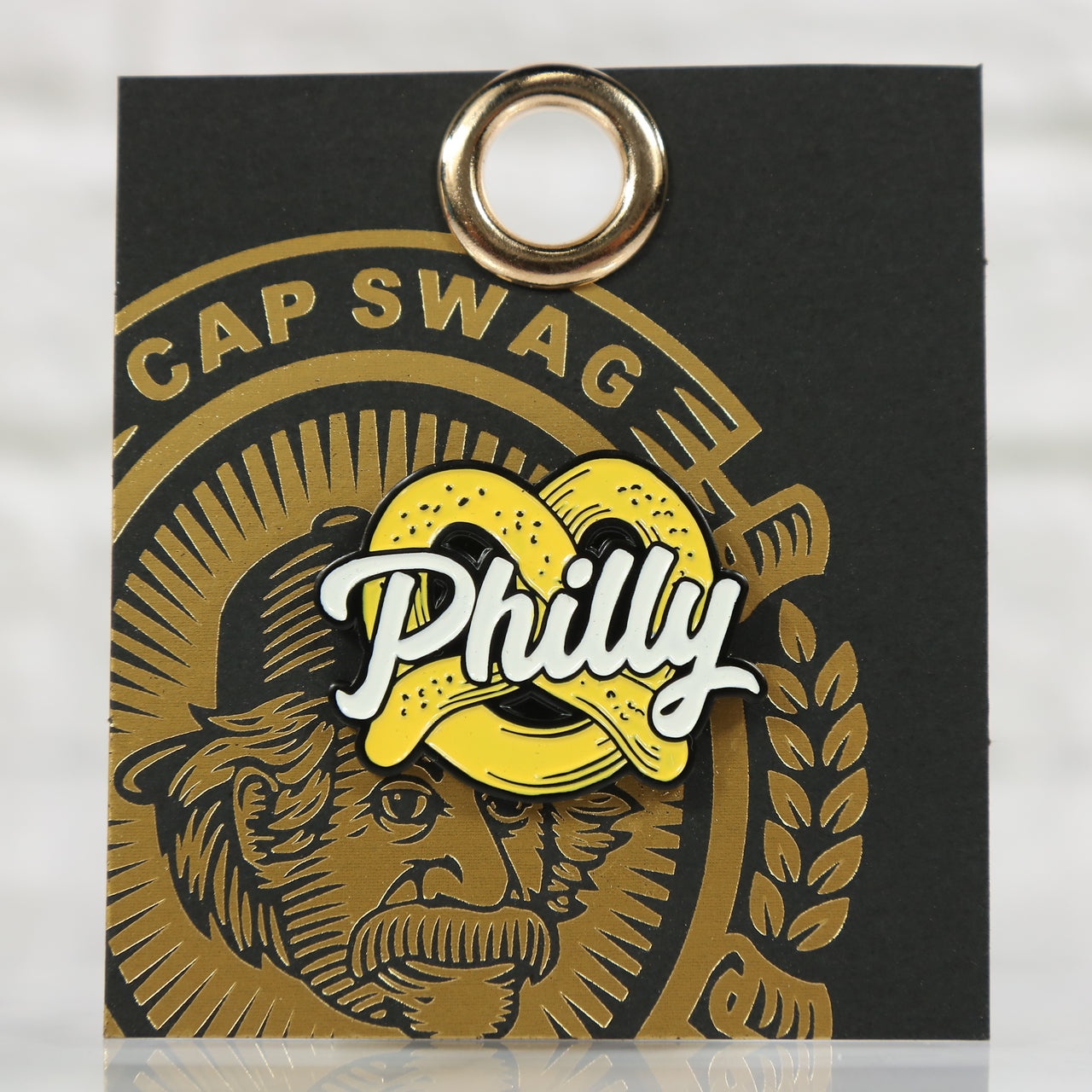 front of the Philly Pretzel Fitted Cap Pin | Enamel Pin For Hat