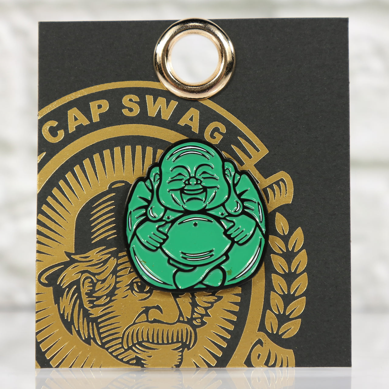 front of the xAsian Heritage Buddha Fitted Cap Pin | Enamel Pin for Side Patch Fitted Hat