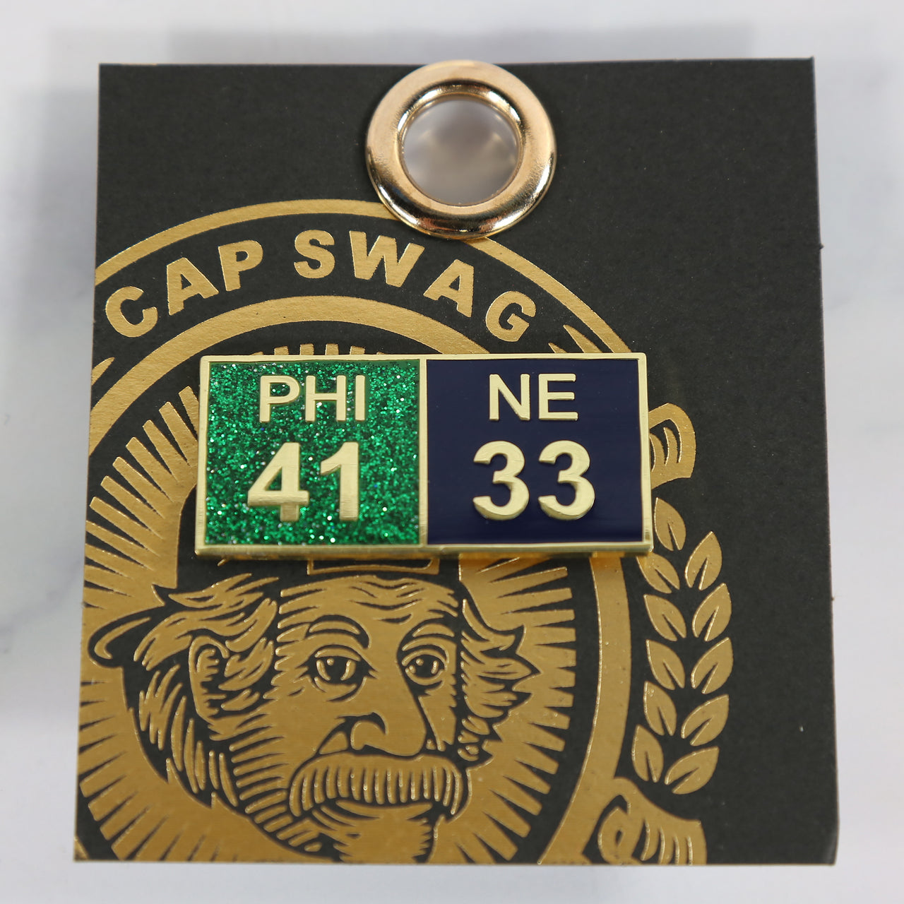 front of the Super Bowl Score Fitted Cap Pin | Enamel Pin For Hat