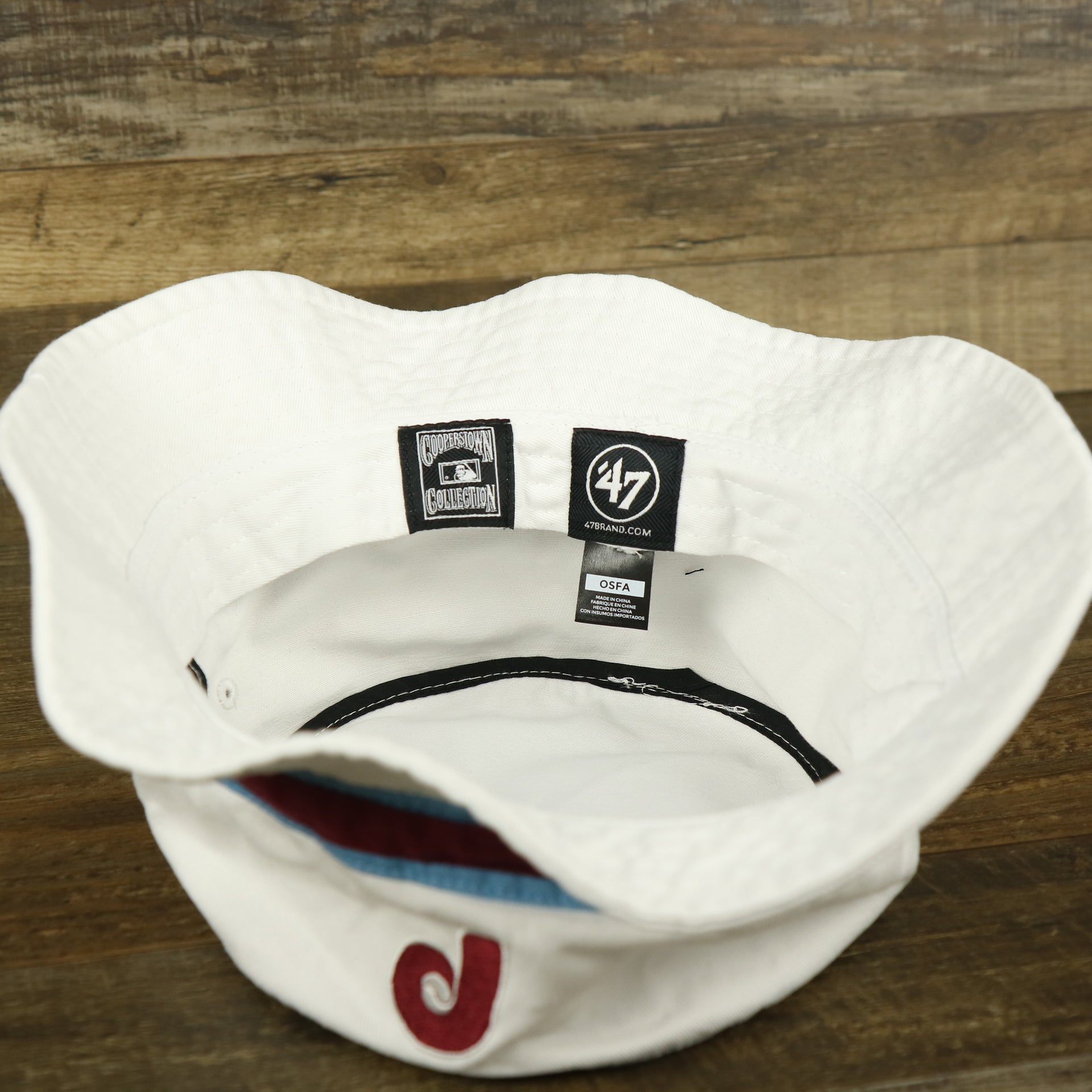 The underside of the Cooperstown Philadelphia Phillies Striped Bucket Hat | White Bucket Hat