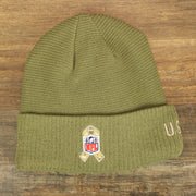 The backside of the Philadelphia Eagles Salute To Service Ribbon Rubber Military Eagles Patch On Field NFL Beanie | Military Green Beanie