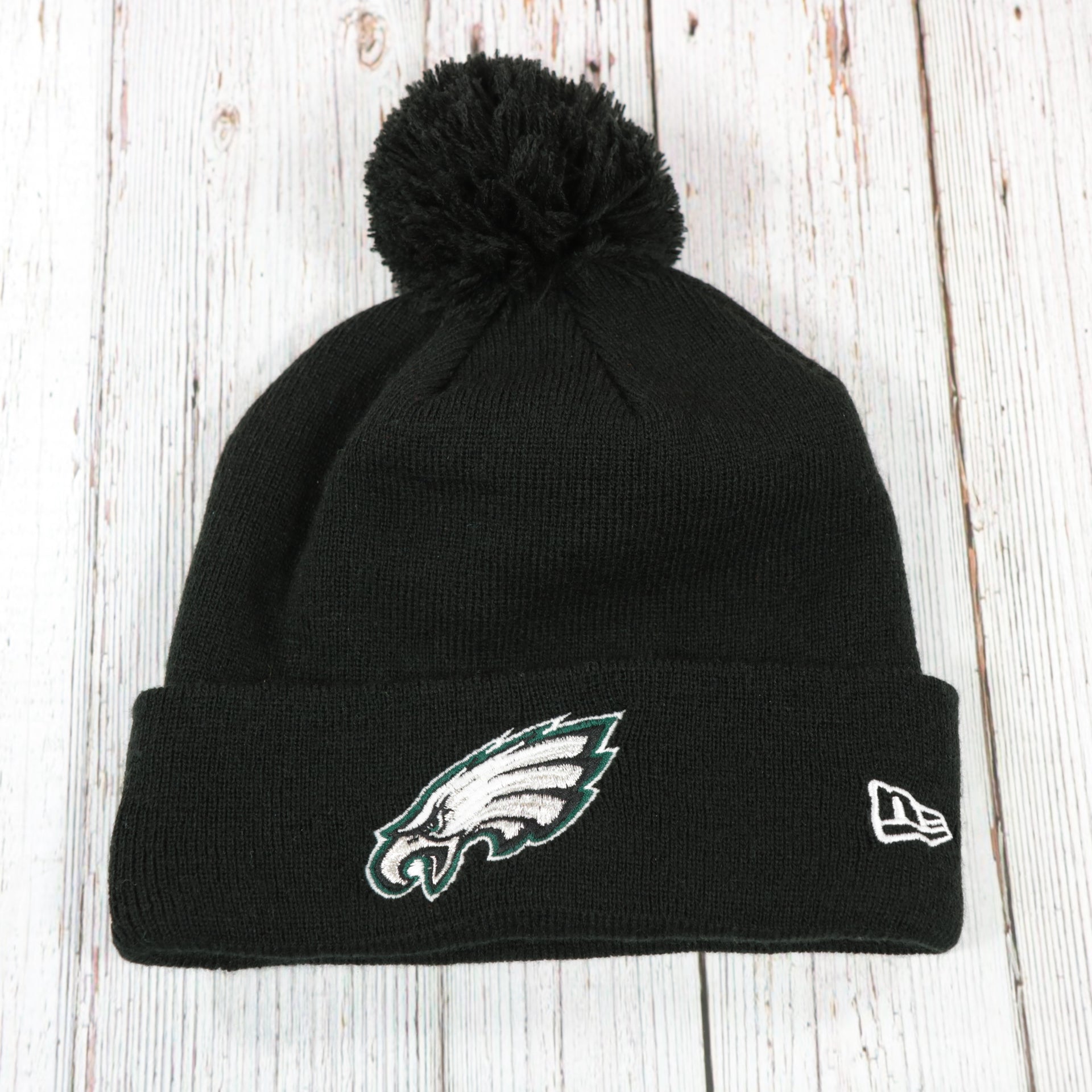 Philadelphia Eagles Super Bowl LII Patch Pom Pom Beanie | Midnight Green, Black, And White Striped Beanie