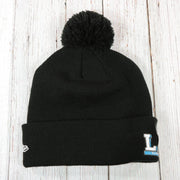 back side of  the Philadelphia Eagles Super Bowl LII Patch Pom Pom Beanie | Midnight Green, Black, And White Striped Beanie