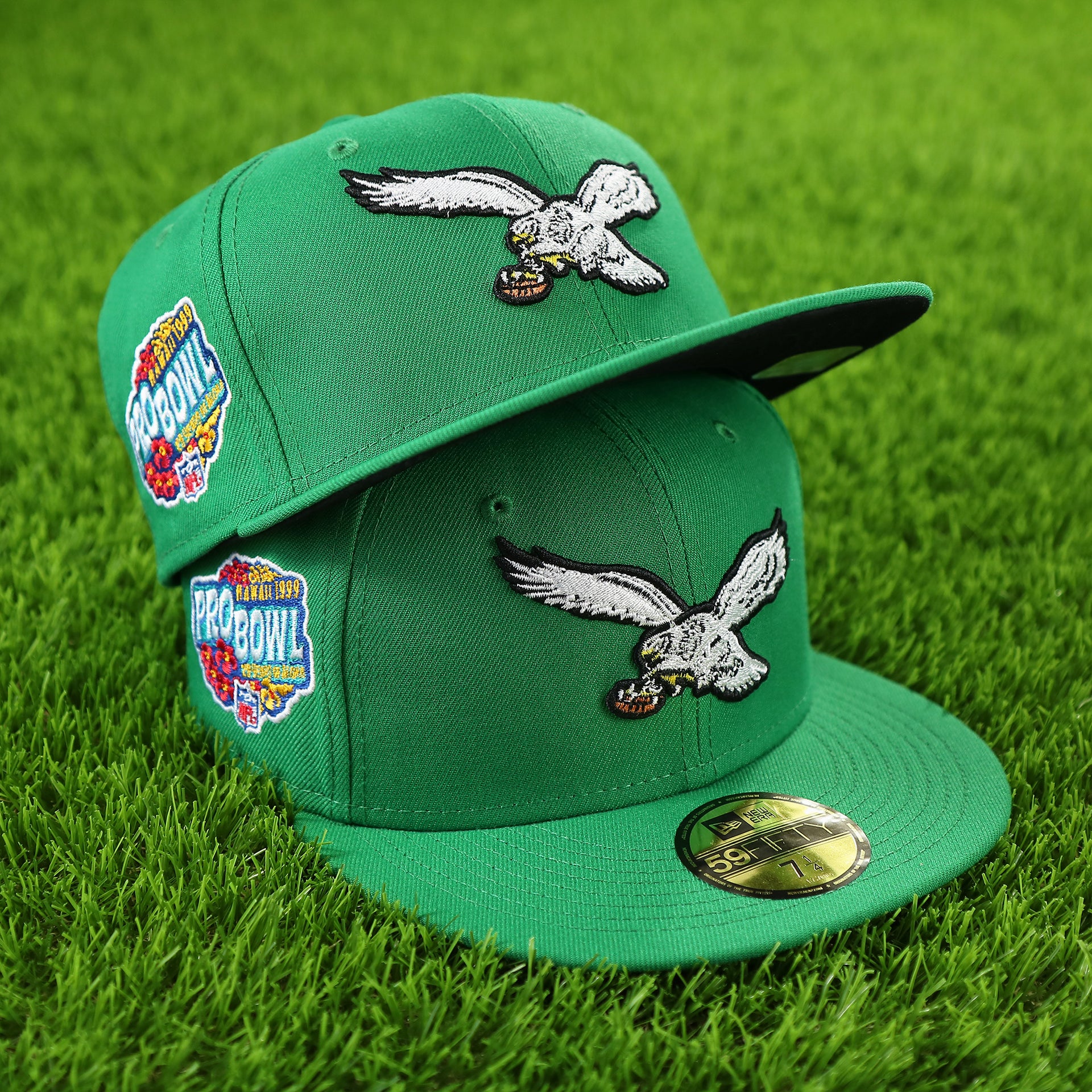 1999 Hawaii Pro Bowl Throwback Philadelphia Eagles 59Fifty Side Patch Fitted | Black Bottom, Kelly Green