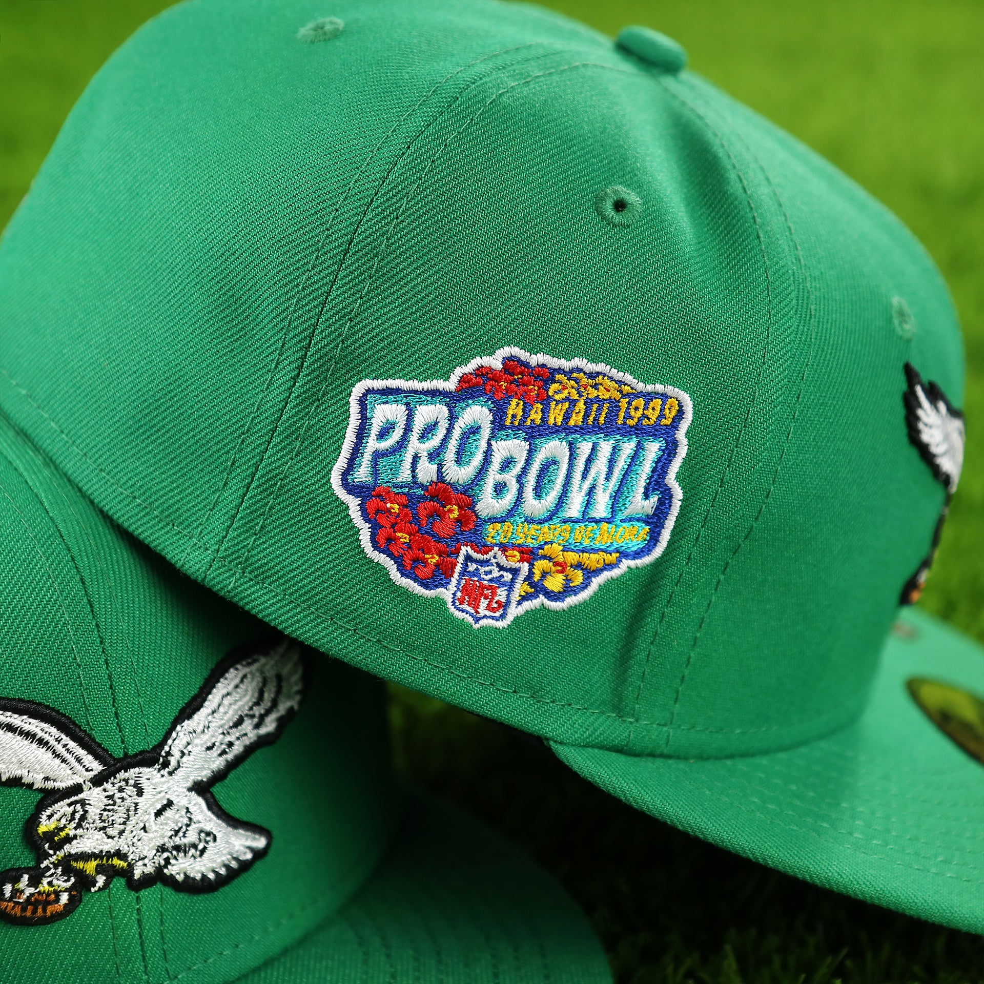 NFL pro bowl hawaii 1999 patch on the 1999 Hawaii Pro Bowl Throwback Philadelphia Eagles 59Fifty Side Patch Fitted | Black Bottom, Kelly Green