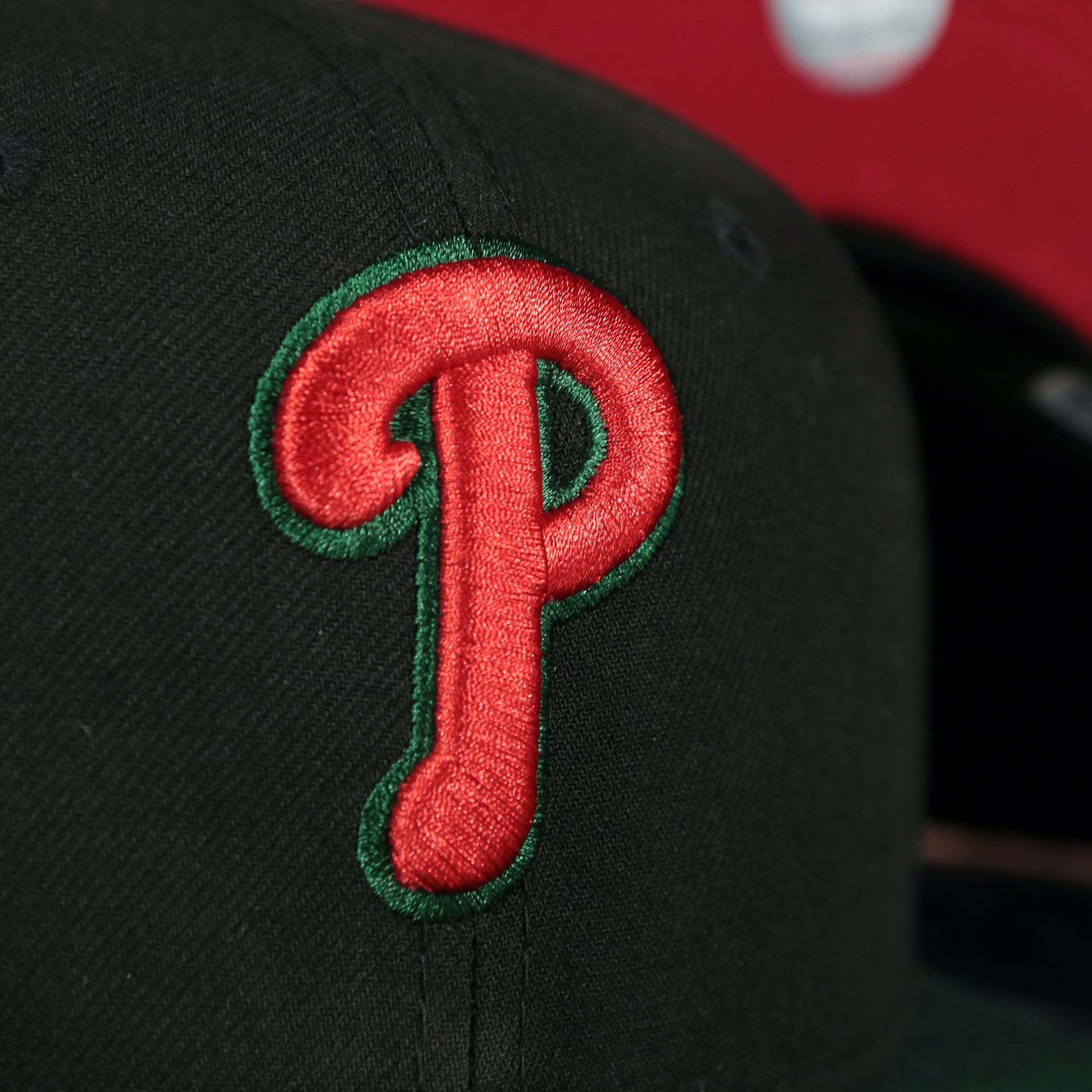 Close up on the front logo of the Philadelphia Phillies 2008 World Series Side Patch Red Bottom 5950 Fitted Cap | Italian Luxury
