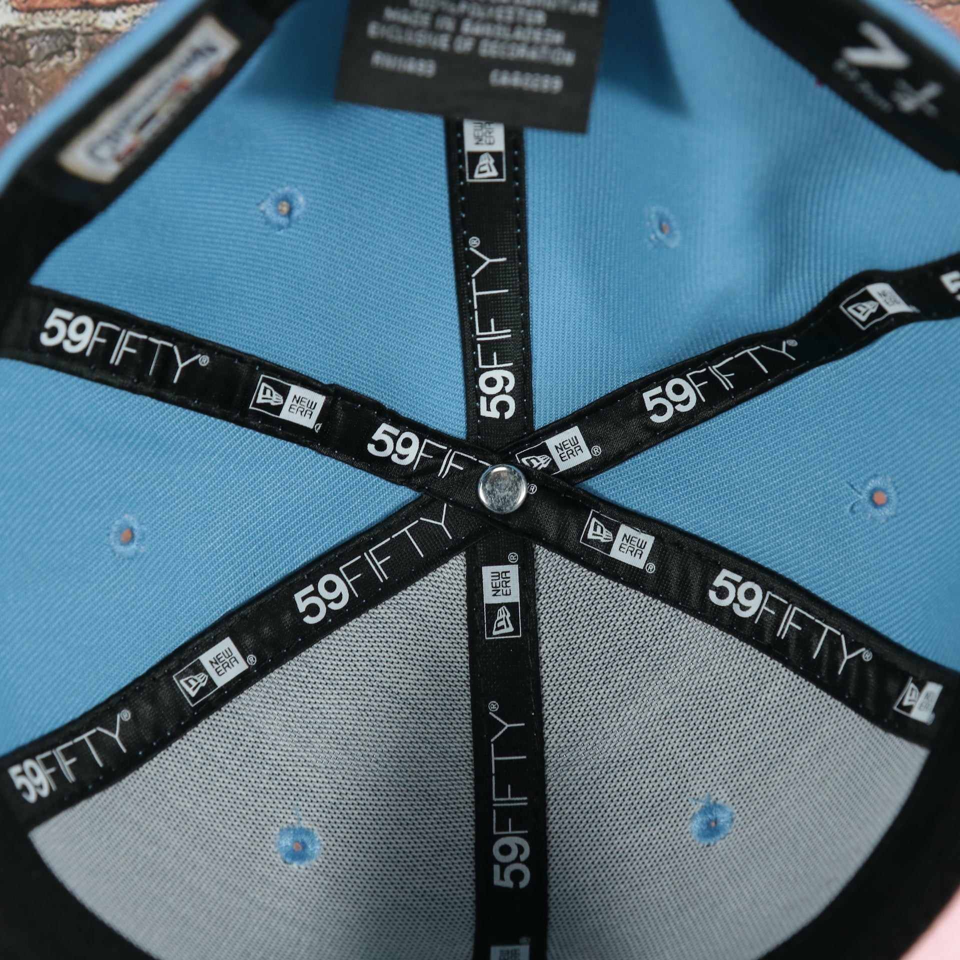 59Fifty taping on the interior of the Philadelphia Phillies 2008 World Series Side Patch Cooperstown Pink Bottom 59Fifty Fitted Cap | Sky Blue