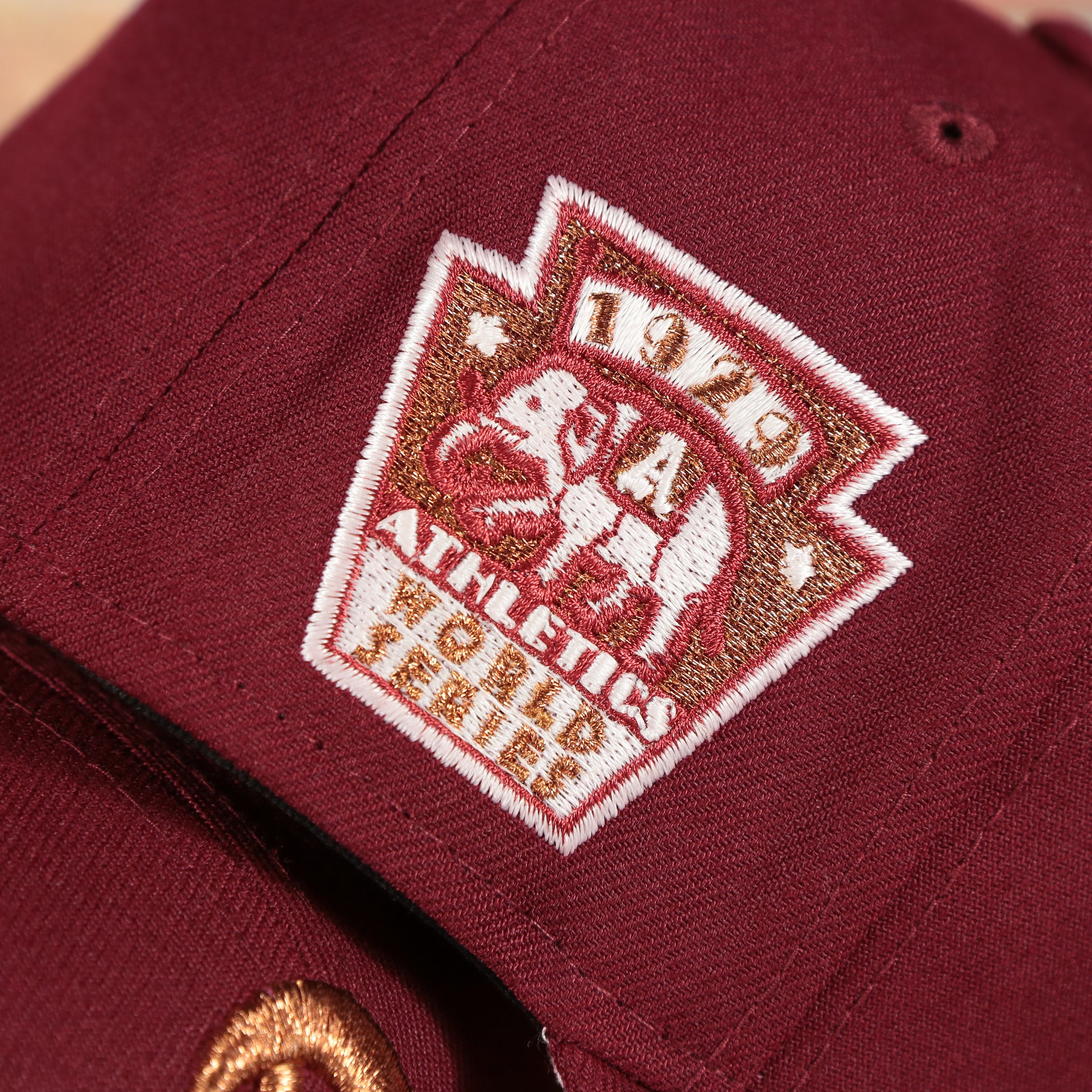1929 world series patch on the Philadelphia Athletics Glow In the Dark 1929 World Series Side Patch Pink Bottom Cardinal 5950 Fitted Cap | Pumpkin Wine