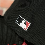 cooperstown batterman logo on the Philadelphia Phillies Cooperstown 100th Anniversary Side Patch Black Corduroy Maroon Bottom 59Fifty Fitted Cap | Corduroy Fitted Pack