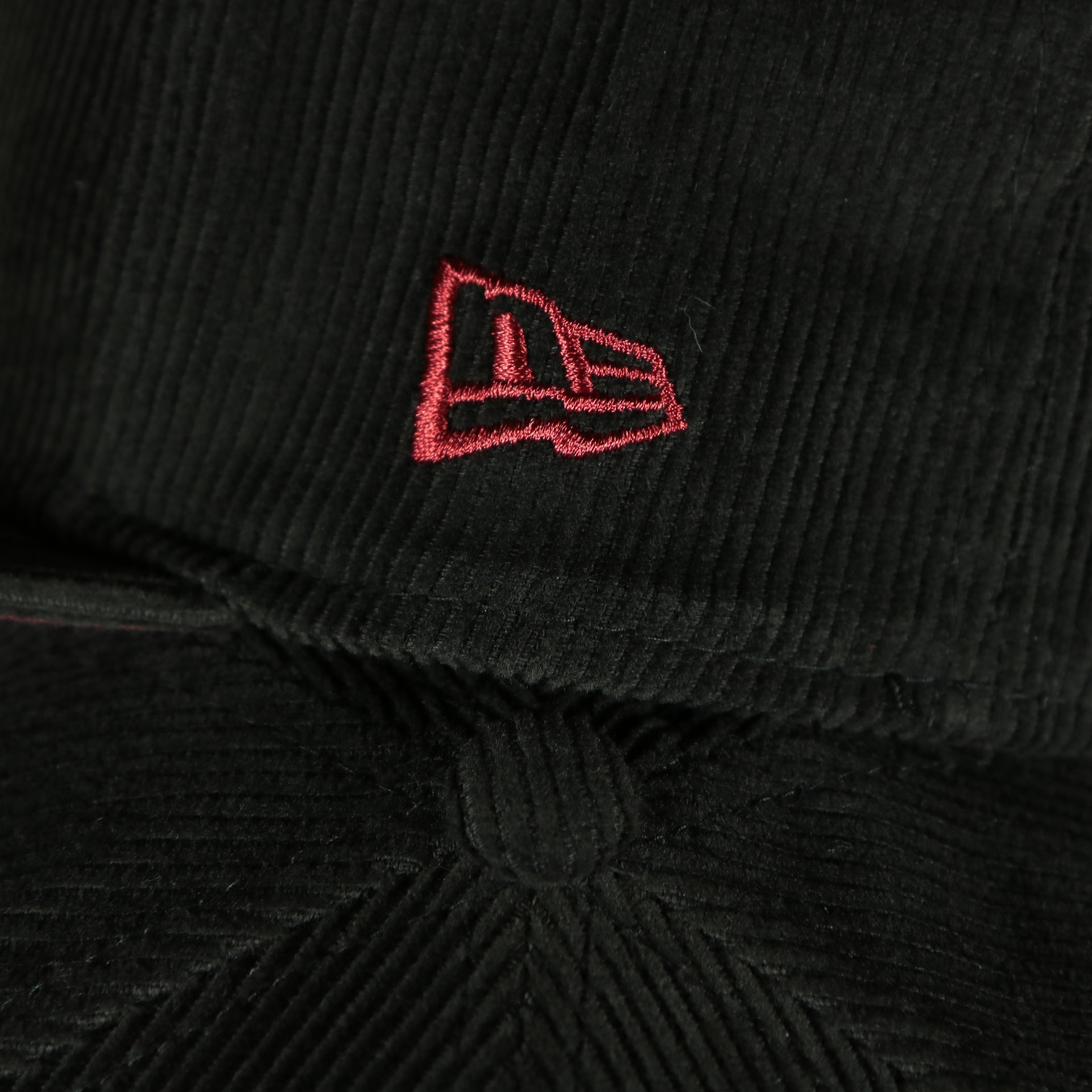 new era logo on the Philadelphia Phillies Cooperstown 100th Anniversary Side Patch Black Corduroy Maroon Bottom 59Fifty Fitted Cap | Corduroy Fitted Pack