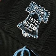 1952 all star game patch on the Philadelphia Phillies Cooperstown 1952 All Star Game Side Patch Black Corduroy Powder Blue Bottom 59Fifty Fitted Cap | Corduroy Fitted Pack
