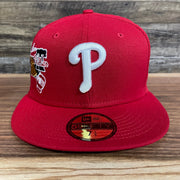 Front of the Philadelphia Phillies "City Cluster" Side Patch Gray Bottom Red 59Fifty Fitted Cap