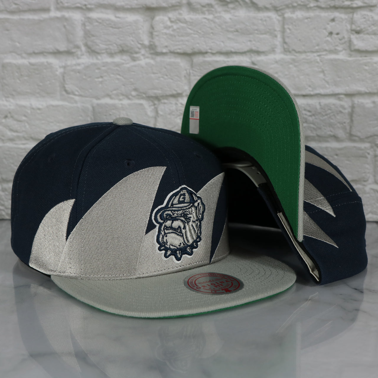 Georgetown University Hoyas Vintage Retro Sharktooth Mitchell and Ness Snapback Hat | Gray/Navy Blue