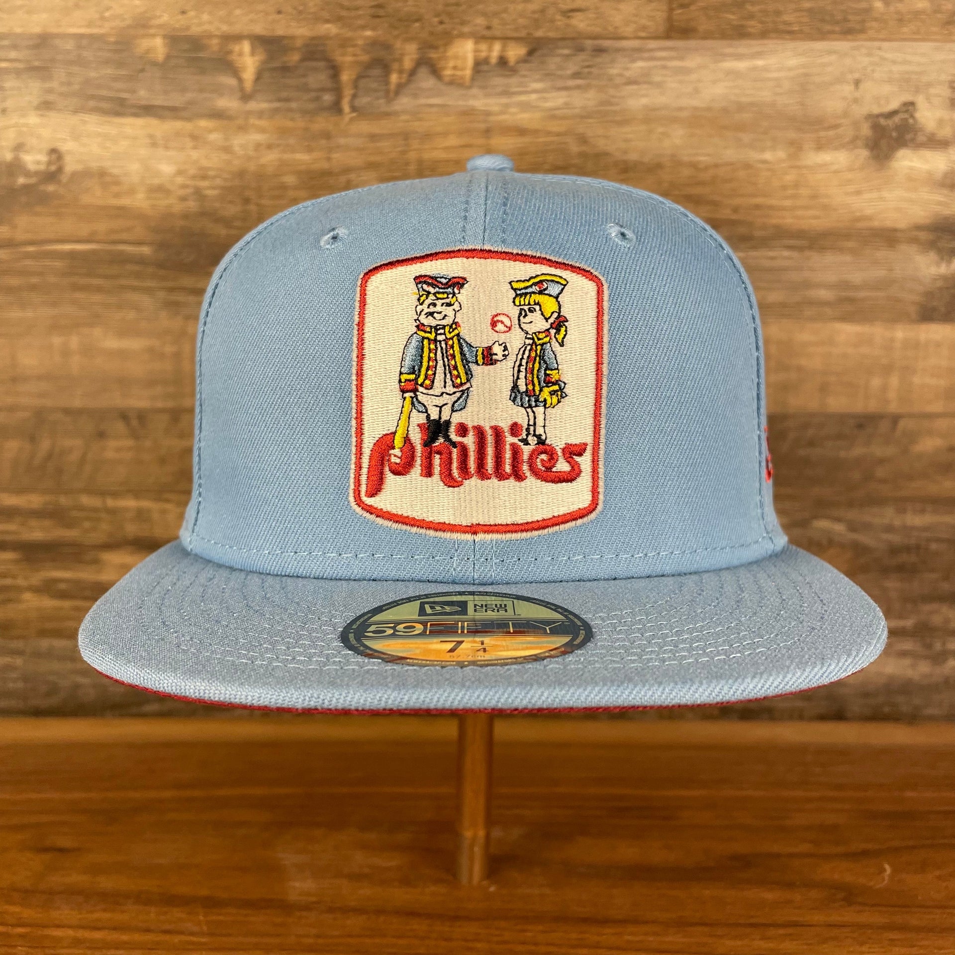 Front of the Philadelphia Phillies 1980 World Champions Side Patch Cooperstown Quaker Logo Maroon Bottom Sky 59Fifty Fitted Cap