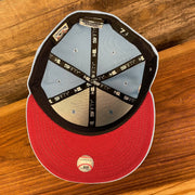 Maroon under visor of the Philadelphia Phillies 1980 World Champions Side Patch Cooperstown Quaker Logo Maroon Bottom Sky 59Fifty Fitted Cap