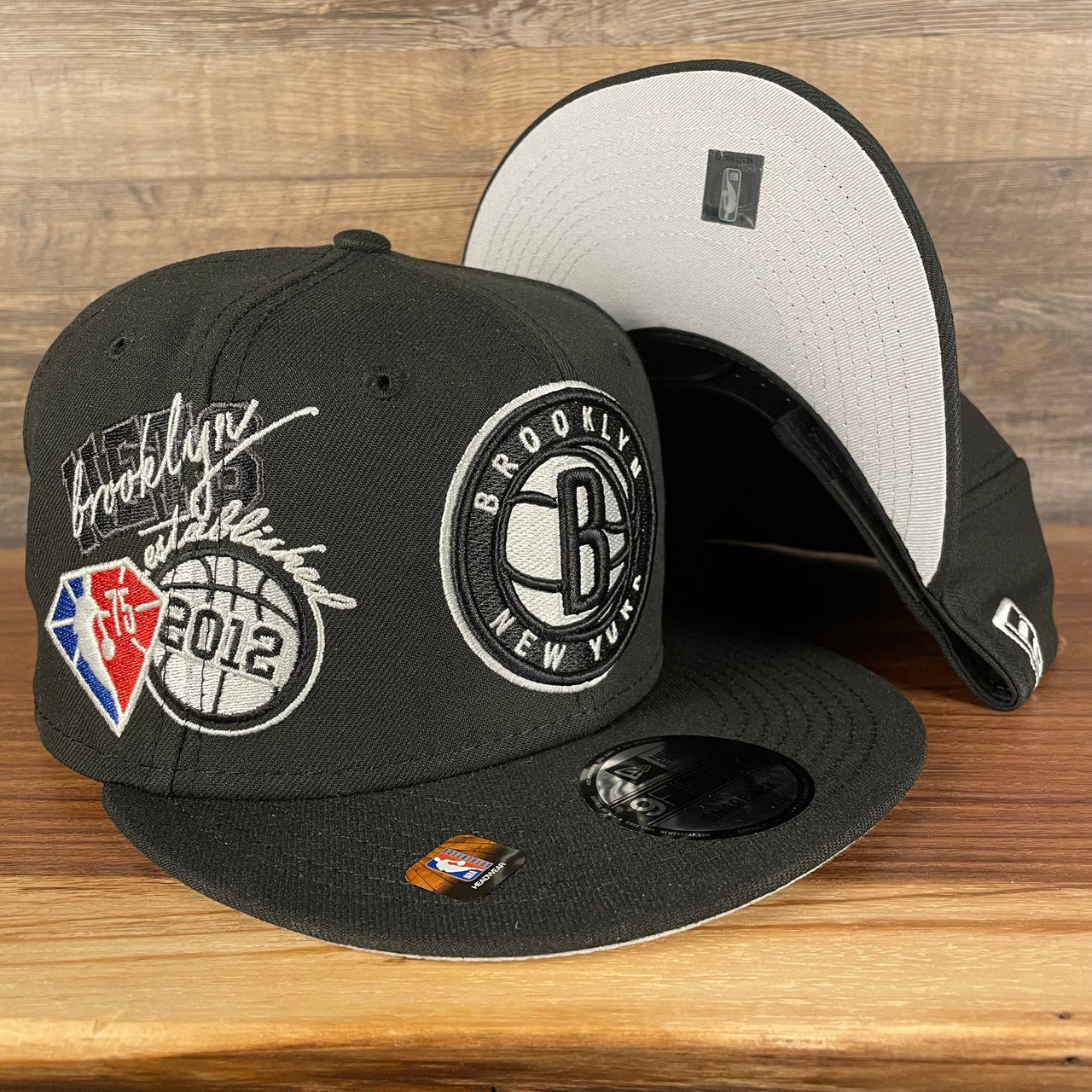 Brooklyn Nets NBA 75th Anniversary Side Patch Gray Bottom Black 9Fifty Snapback Hat | Back Half