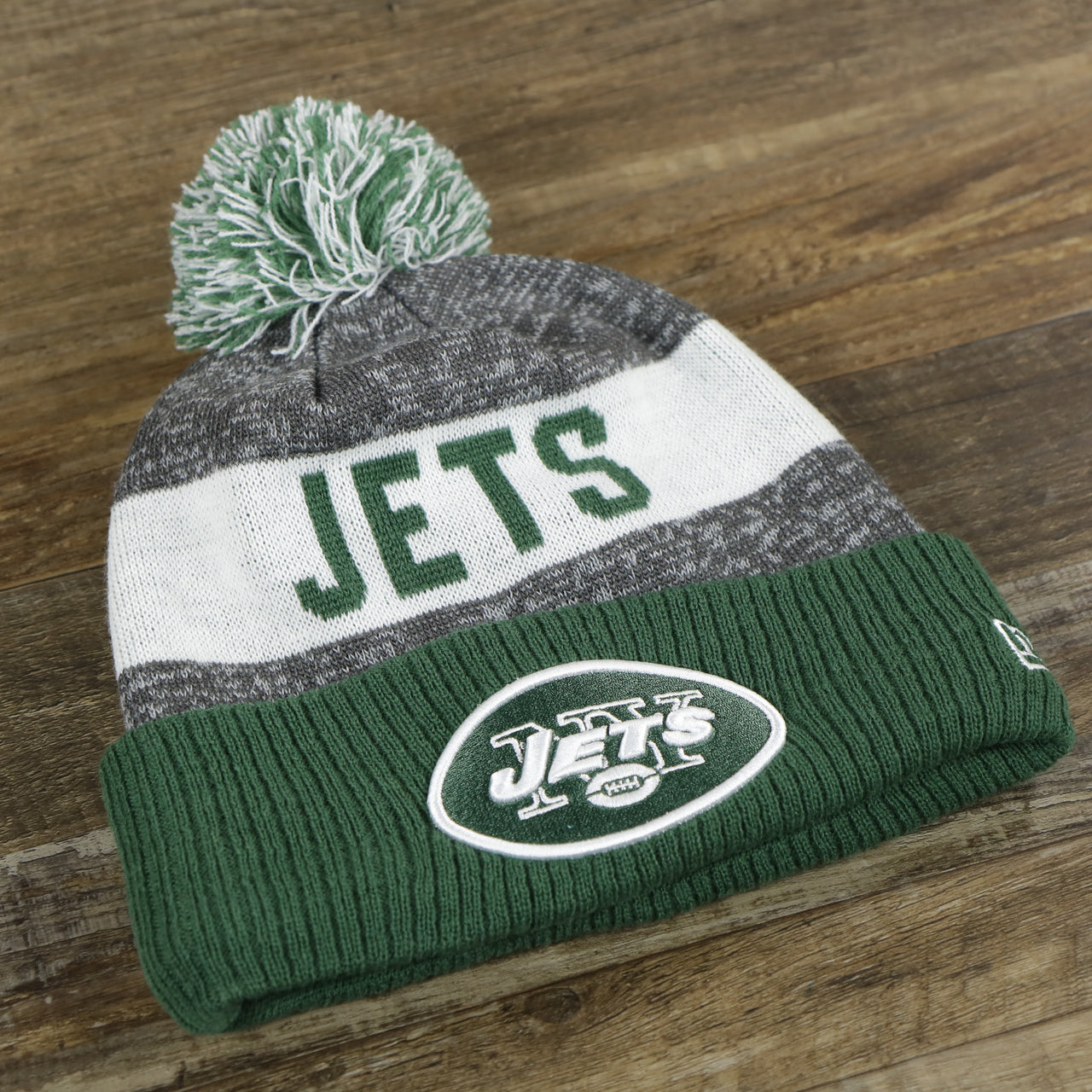 New York Jets In On Field Striped Wordmark Winter Beanie With Pom Pom | Green And Gray Winter Beanie