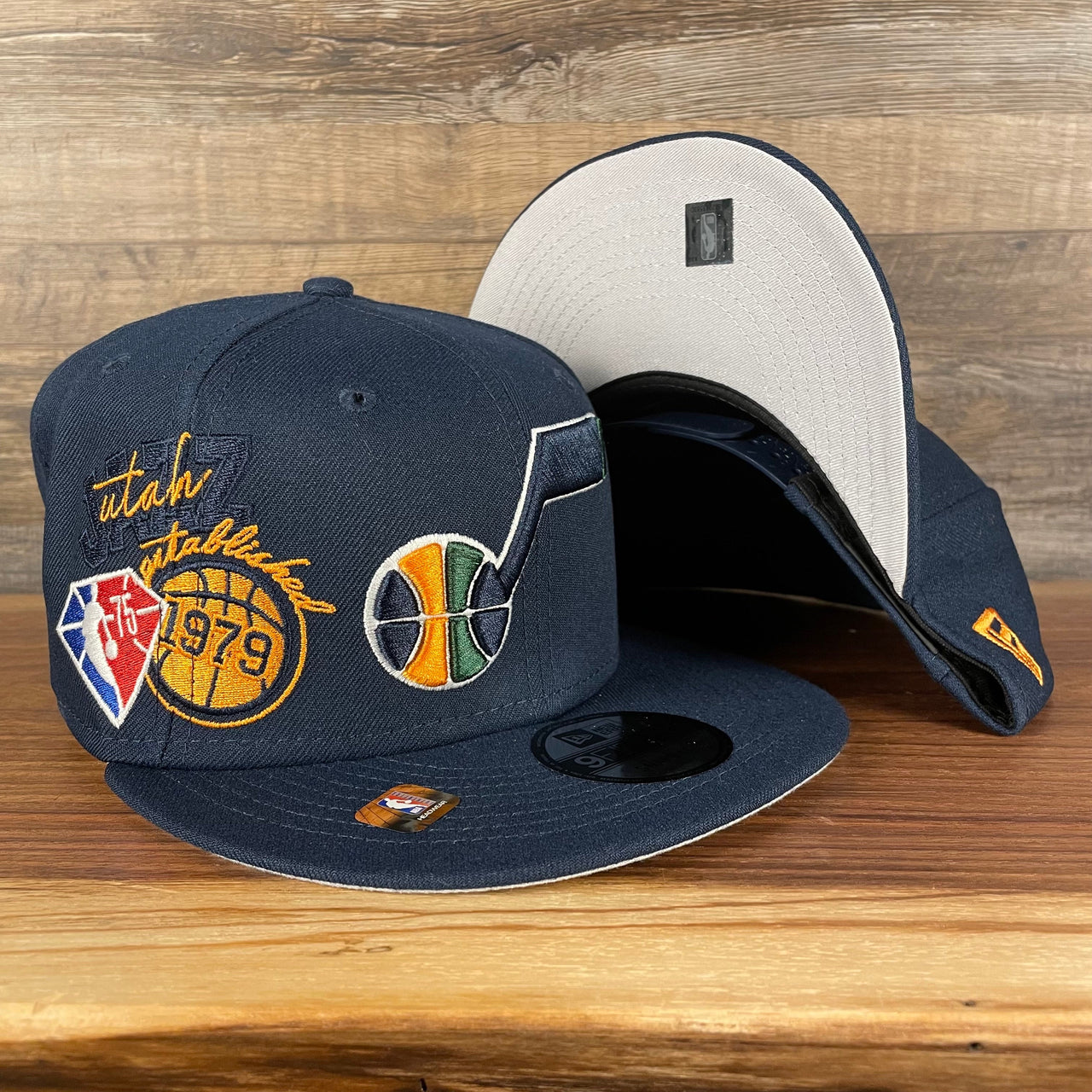 Utah Jazz NBA 75th Anniversary Side Patch Gray Bottom Navy 9Fifty Snapback Hat | Back Half