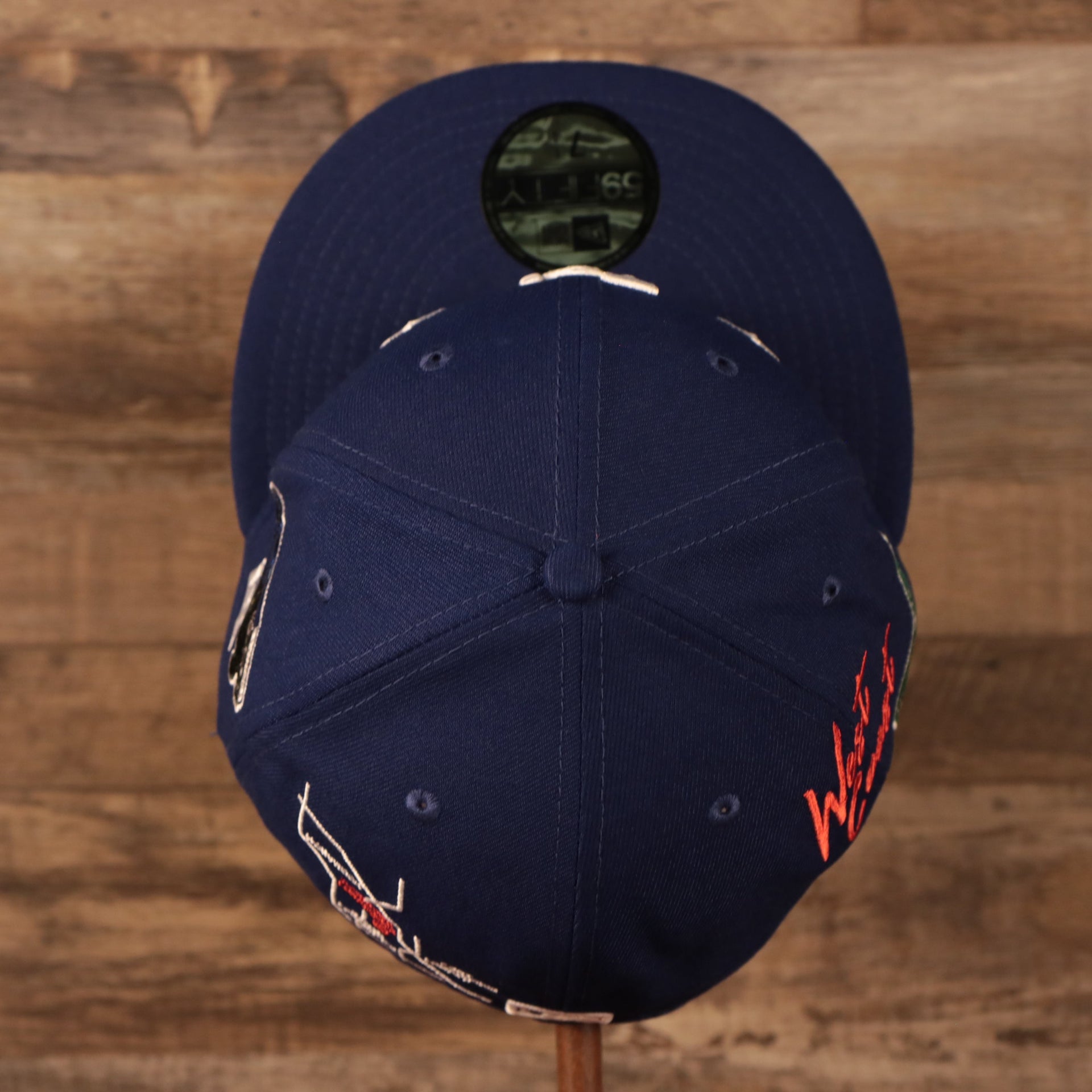 Top down view of the Los Angeles Dodgers City Transit All Over Side Patch Gray Bottom 59Fifty Fitted Cap