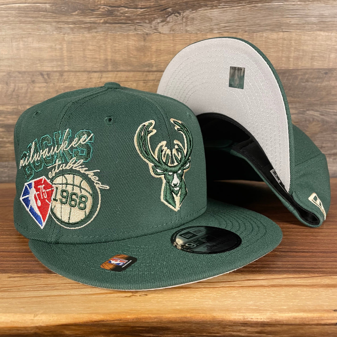 Milwaukee Bucks NBA 75th Anniversary Side Patch Gray Bottom Green 9Fifty Snapback Hat | Back Half
