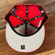Gray under visor of the Atlanta Hawks NBA 75th Anniversary Side Patch Gray Bottom Red 9Fifty Snapback Hat | Back Half