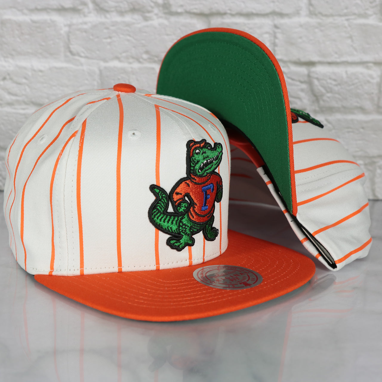 University of Florida Gators Vintage Pinstripe Baseball Hat | Retro Mitchell and Ness White Pinstripe Snapback Hat