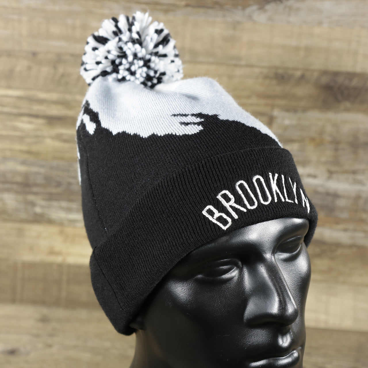 Brooklyn Nets Paint Brush Cuffed Winter Beanie With Pom Pom | Black, Gray, And White Winter Beanie