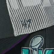 Close up of the '47 brand logo on the wearer's left of the Philadelphia Eagles Super Bowl LVII (Super Bowl 57) Side Patch Charcoal/White Trucker Hat