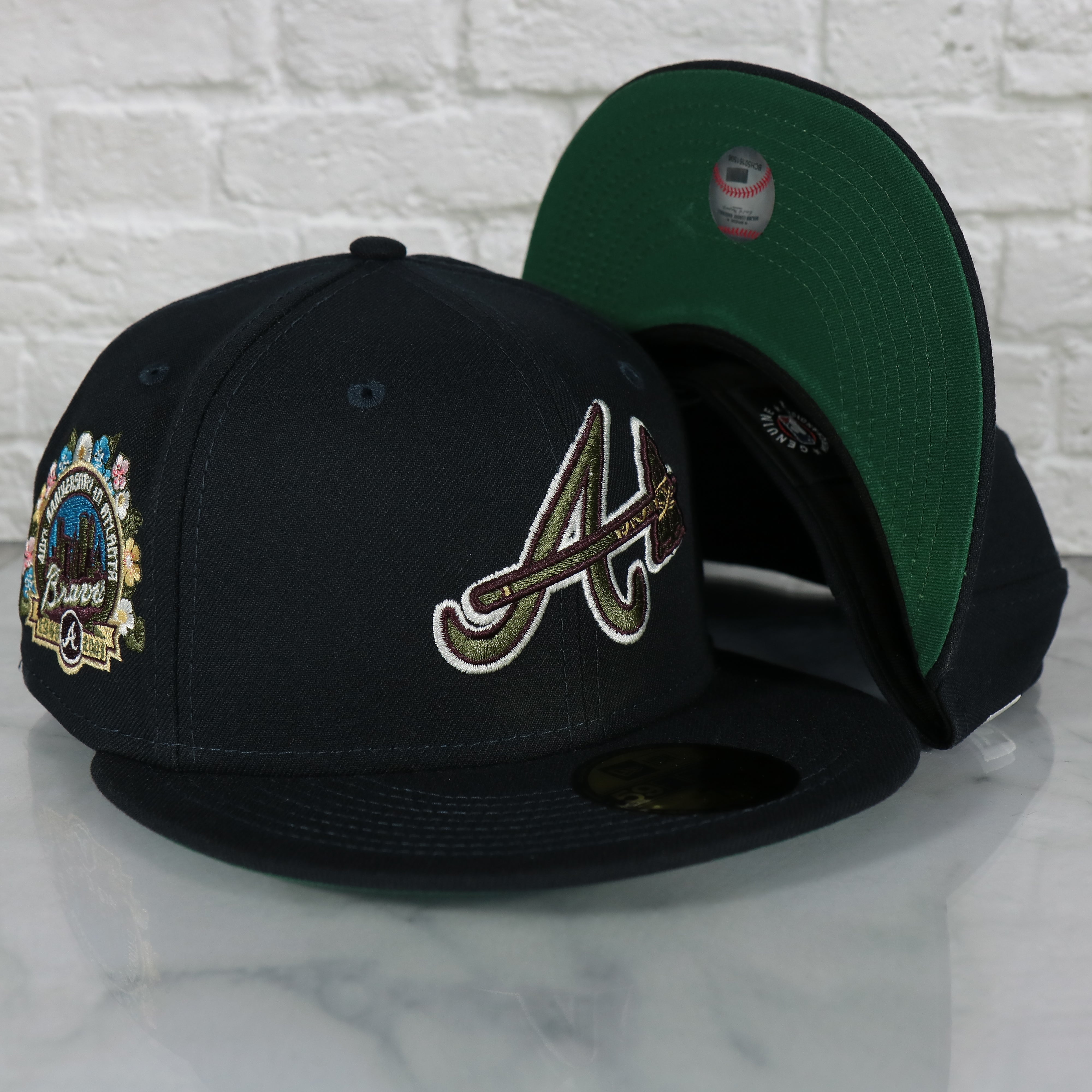 Navy Blue Atlanta Braves Botanical 40th Anniversary Side Patch Green Bottom New Era 59FIFTY Fitted 71/2