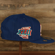 wearers right side on the New York Giants "Patch Up" Super Bowl XLII Side Patch Gray Bottom 59Fifty Royal Fitted Cap