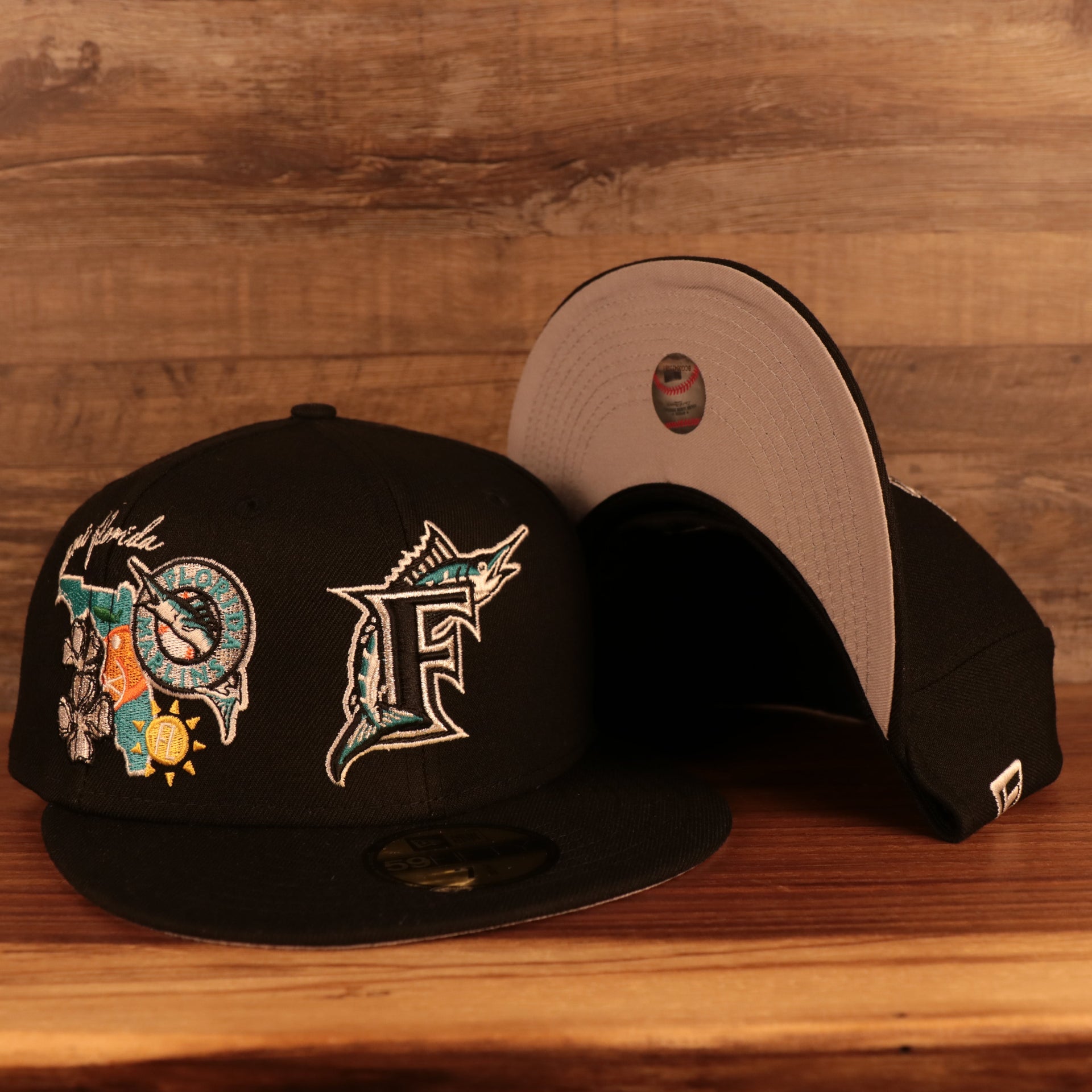 Florida Marlins Cooperstown "City Cluster" Side Patch Gray Bottom Black 59Fifty Fitted Cap