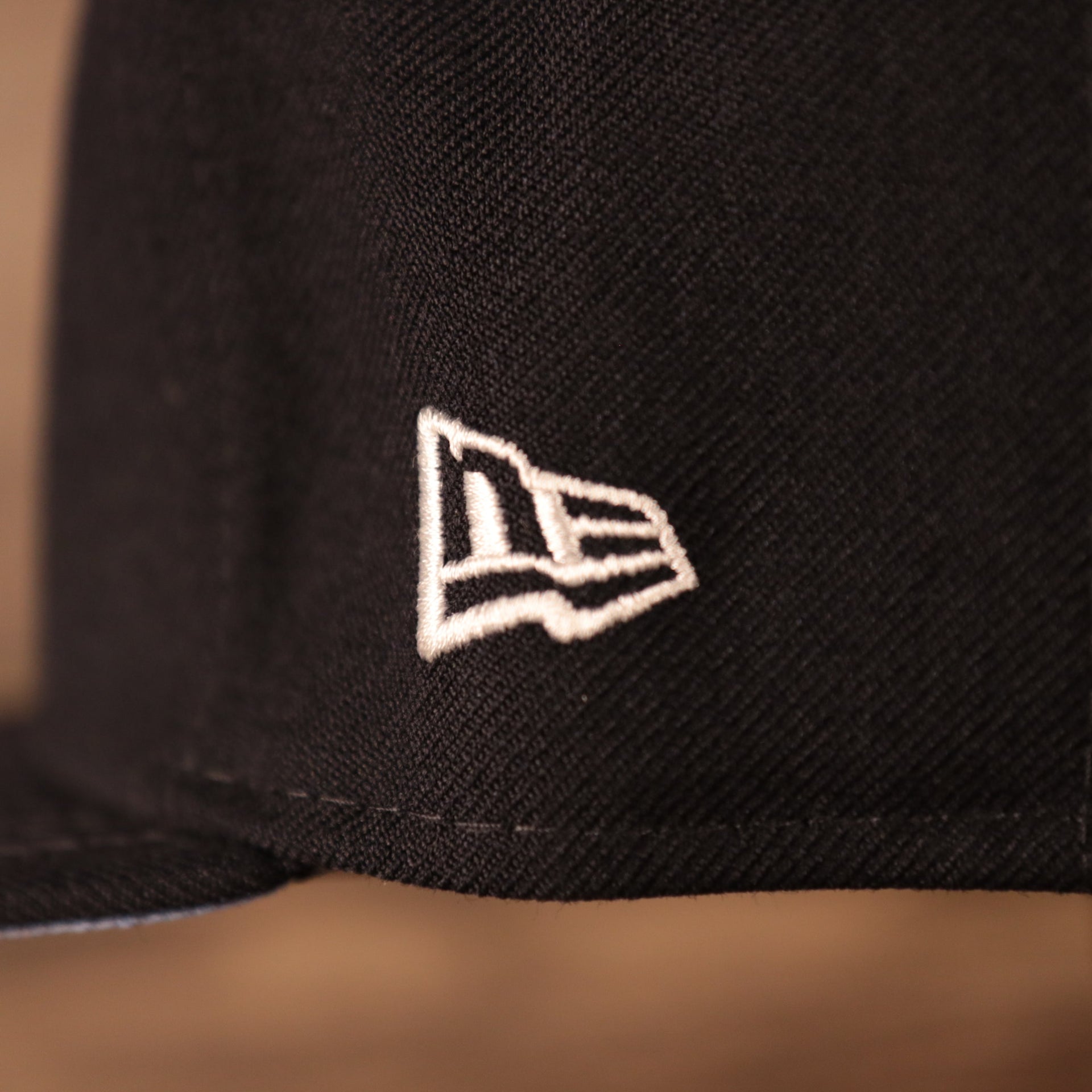 Close up of the New Era flag on the New York Yankees 2008 All Star Game Crystal Side Patch Icy Blue Bottom 59Fifty Fitted Cap