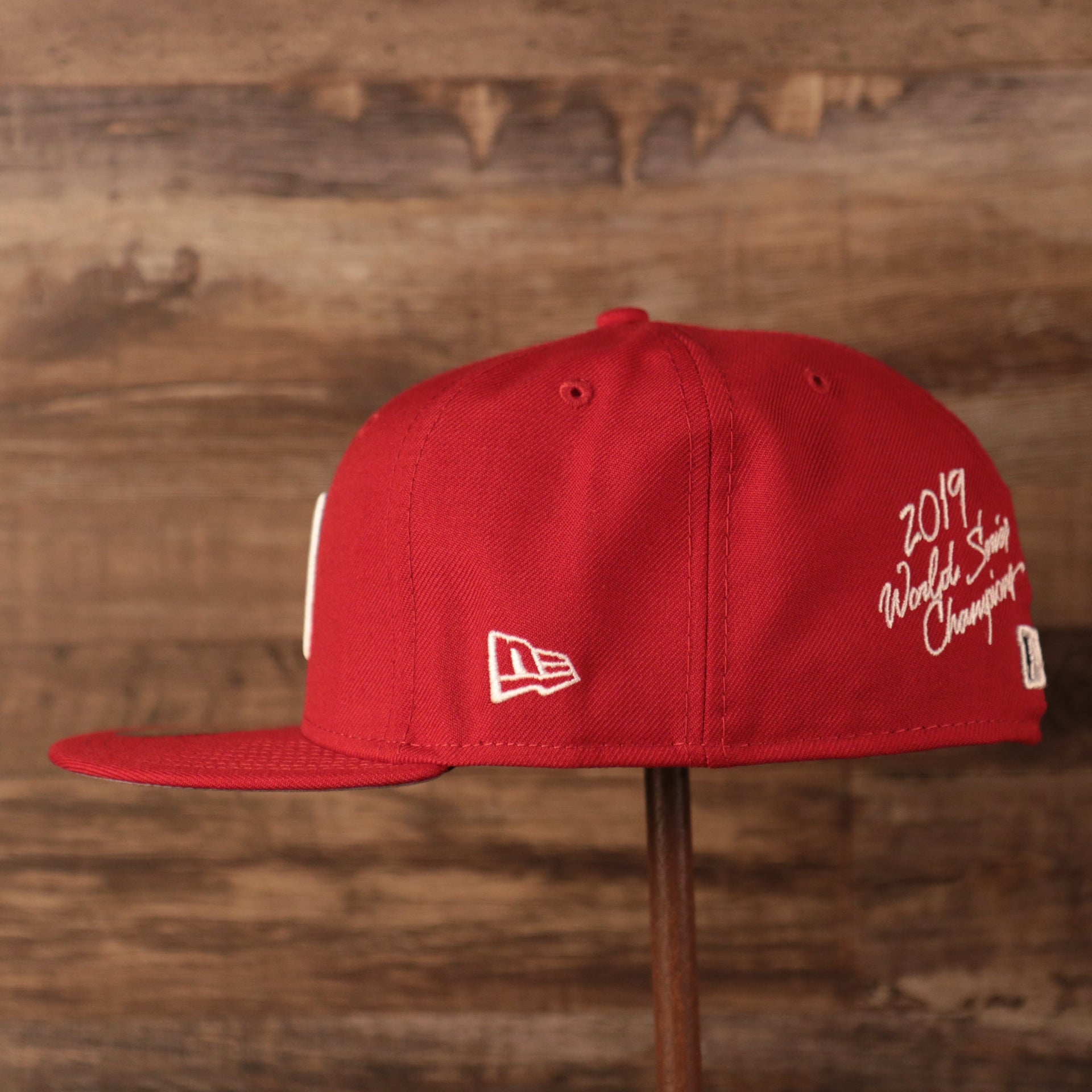 Wearer's left of the Washington Nationals 2019 World Series Champ Script Gray Bottom Side Patch 59Fifty Fitted Cap