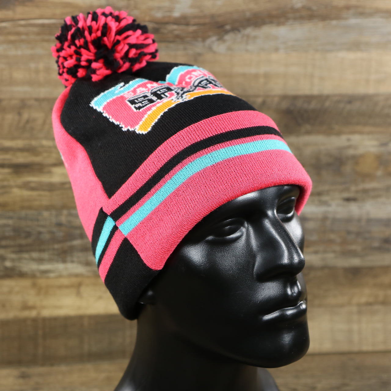 The San Antonio Spurs Retro Logo Two Sided Cuffed Winter Beanie | Pink And Black Winter Beanie