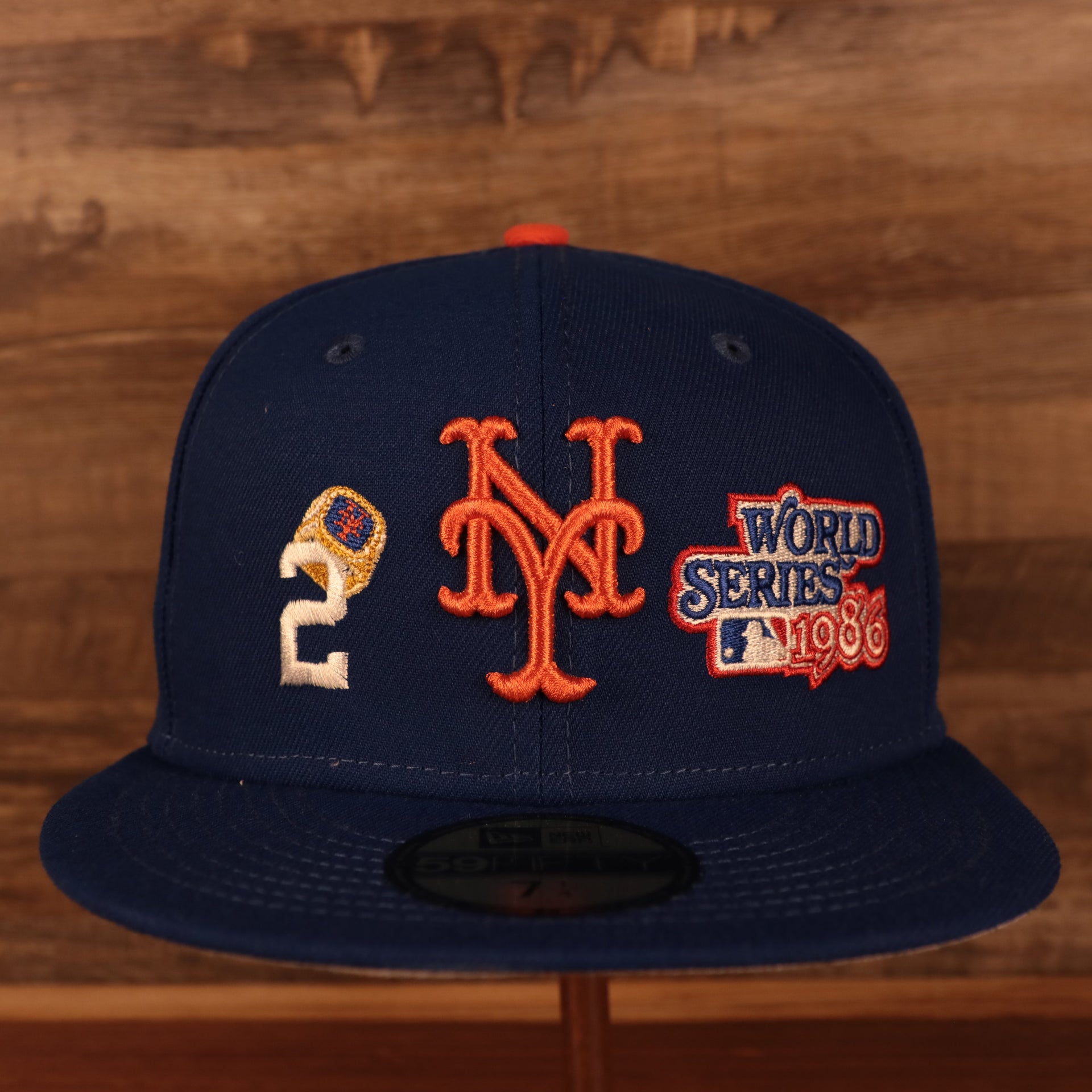 front view of the New York Mets Cooperstown "Championship Rings" All Over Side Patch Gray Bottom 59FIFTY Fitted Cap