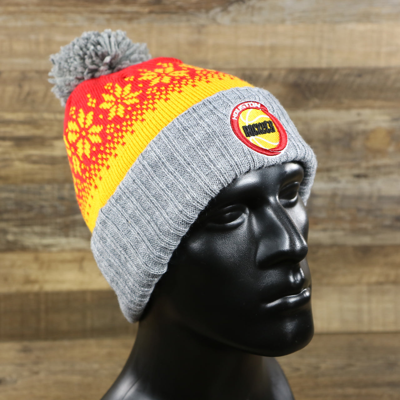 The Retro Houston Rockets Arctic Snowflake Ugly Sweater Pattern Cuffed Beanie With Pom Pom | Yellow, Maroon, and Gray Winter Beanie