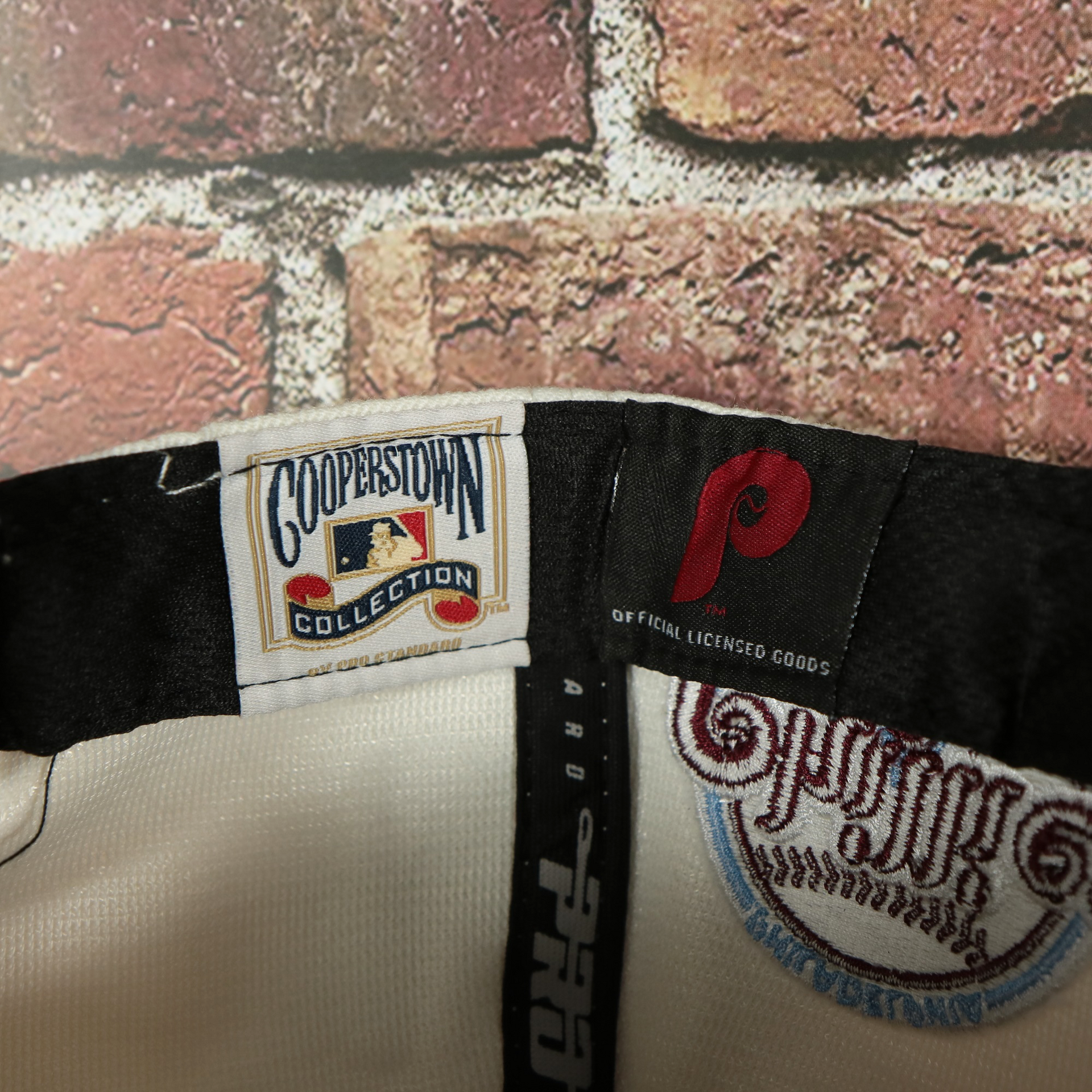 cooperstown label on the Philadelphia Phillies Cooperstown 1970 "Phillies" Script 1984 Phillies logo side patch Cream Snapback Hat