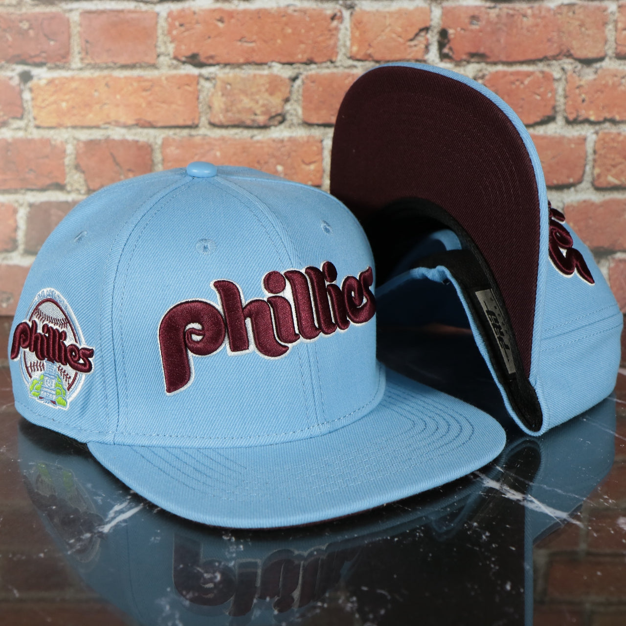 Philadelphia Phillies Cooperstown 1970 "Phillies" Script 1984 Phillies logo side patch Sky Blue Snapback Hat