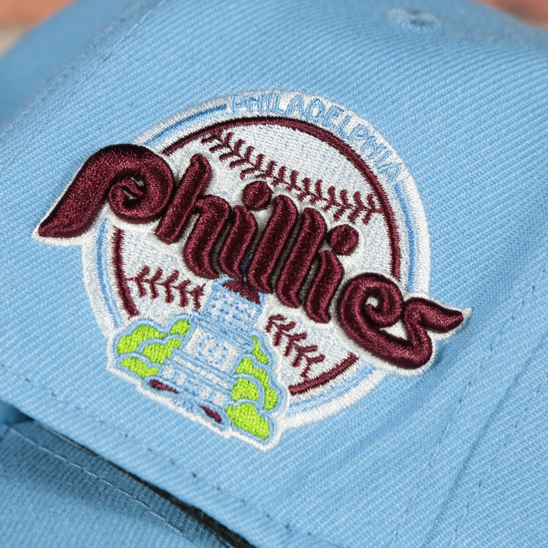 1984 phillies logo on the Philadelphia Phillies Cooperstown 1970 "Phillies" Script 1984 Phillies logo side patch Sky Blue Snapback Hat