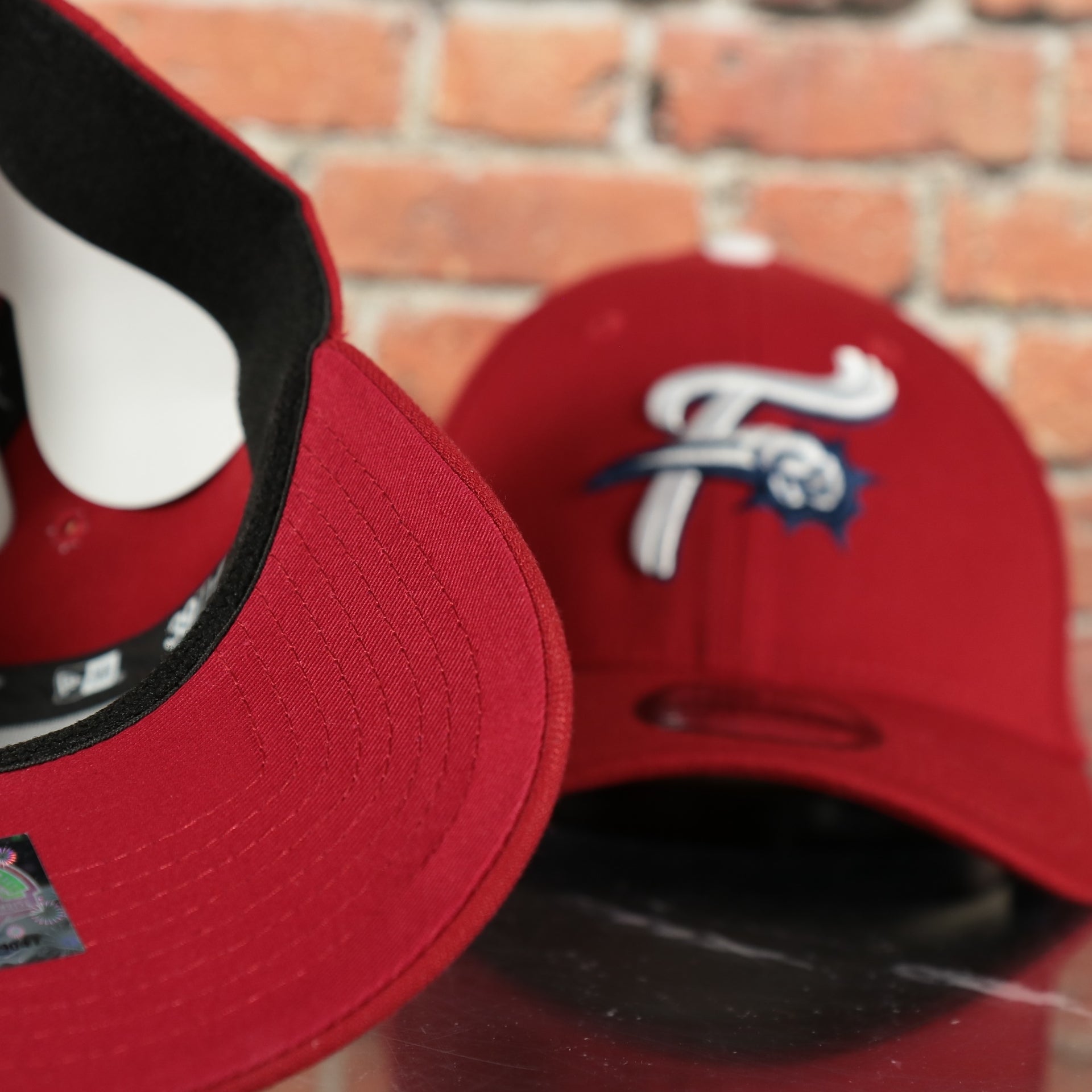 red under visor on the Reading Fightin Phils "Fightins" script MiLB Red bottom | Red 39Thirty Flexfit Hat