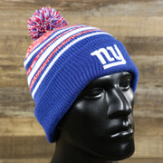 The Kid’s New York Giants Striped Pom Pom Winter Beanie | Royal Blue, Red, And White Beanie