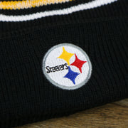 The Steelers Logo on the Kid’s Pittsburgh Steelers Striped Pom Pom Winter Beanie | Black, Yellow, And White Beanie