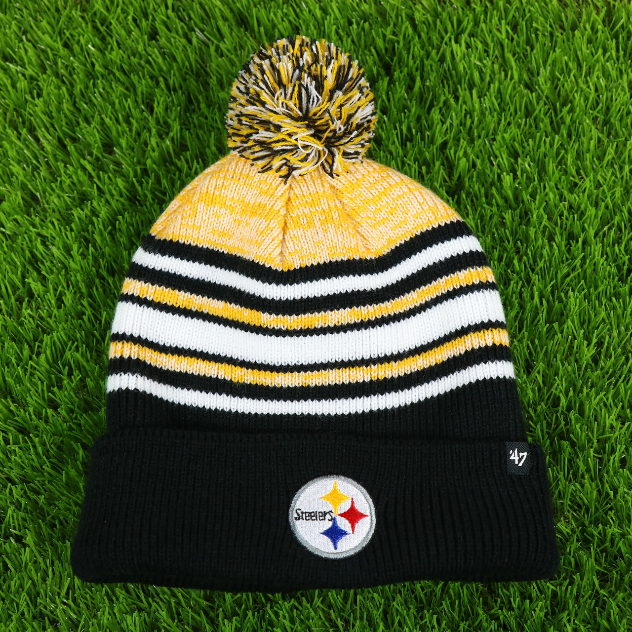 The Kid’s Pittsburgh Steelers Striped Pom Pom Winter Beanie | Black, Yellow, And White Beanie